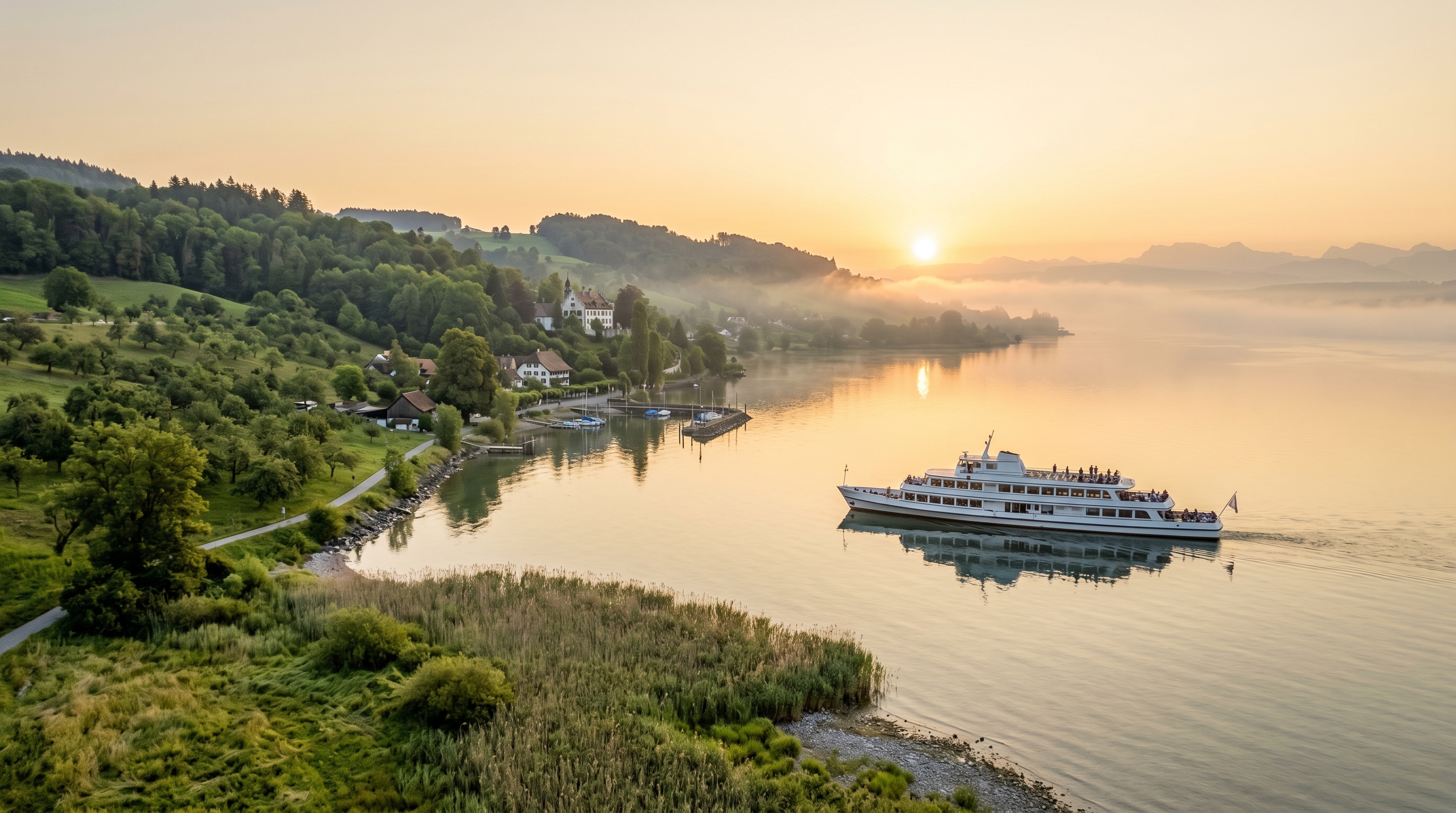 Bodenseeufer mit Schiff im Sonnenaufgang