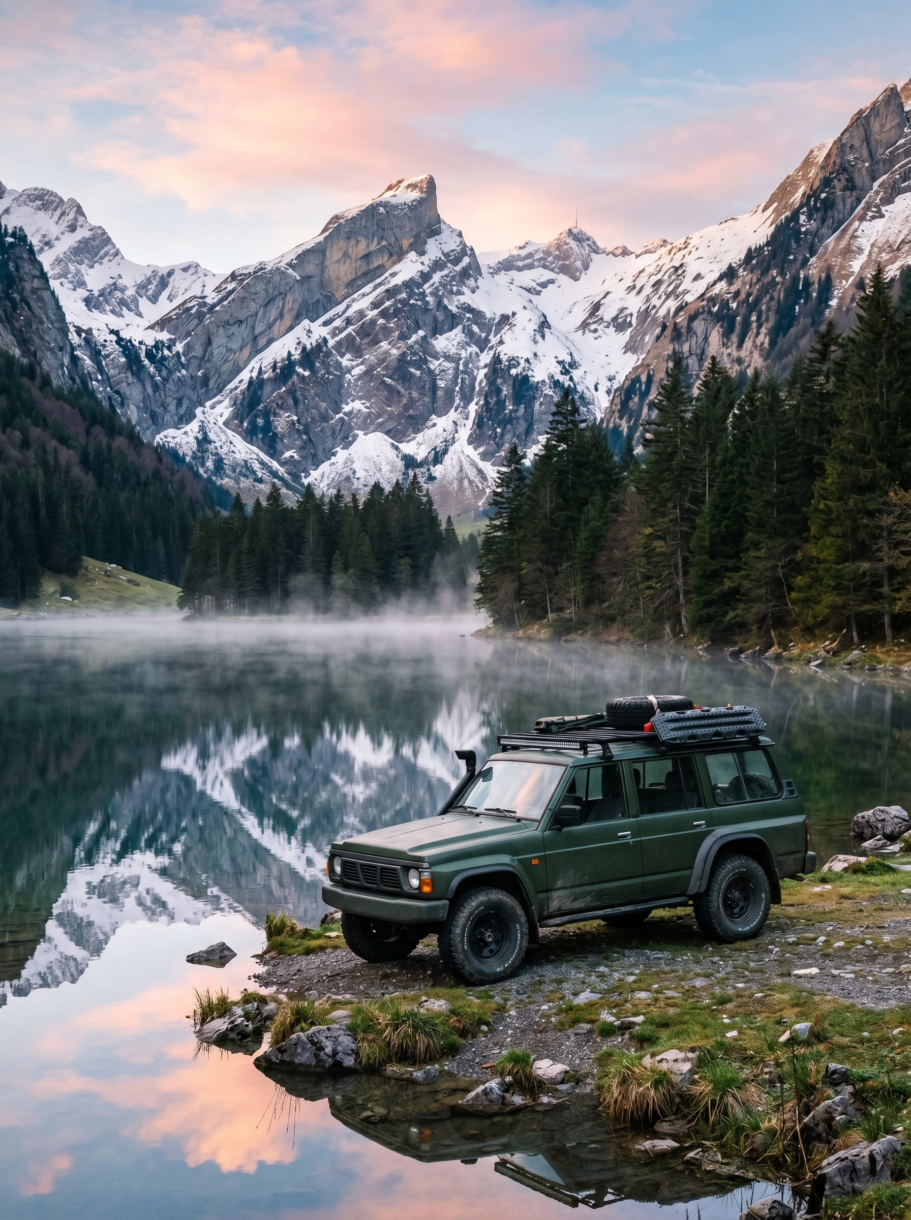 Wochenmiete Mietwagen, SUV am Bergsee in den Schweizer Alpen